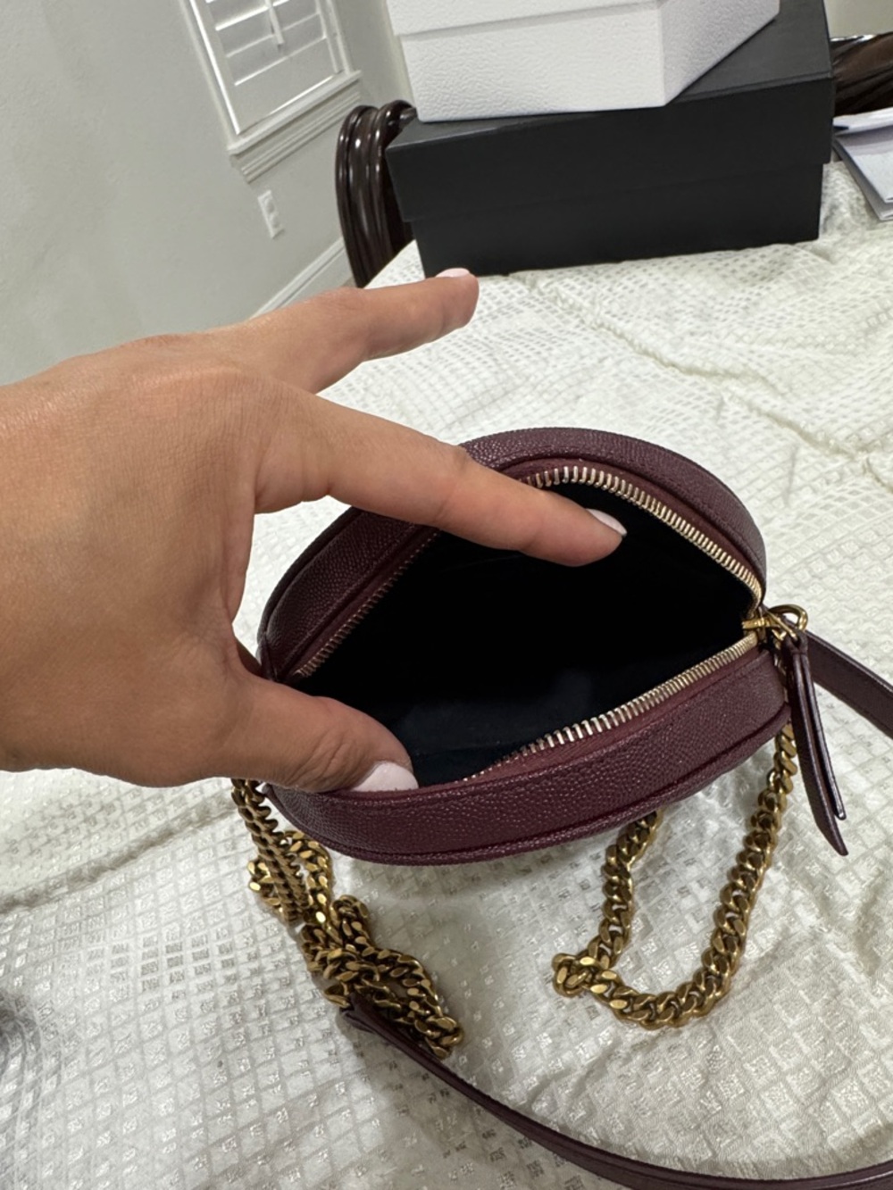 Saint Laurent Wine Quilted Round Crossbody with Gold YSL Chain - Picture 11 of 13